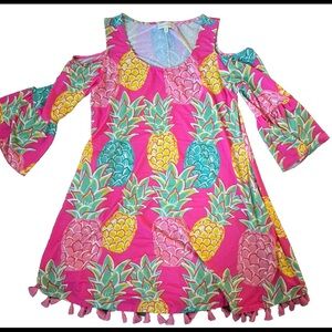 Simply Southern Charleston‎ Pink Pineapple Cold Shoulder Fringe Dress Size S